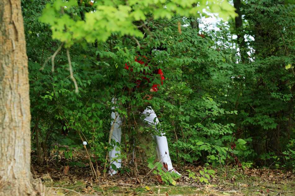 瓦哈拉硝烟起 首轮战局现端倪 一名球员从浓密的树丛和长草中冒险尝试救球,展示了高尔夫运动中除了优雅之外的坚韧与勇气。