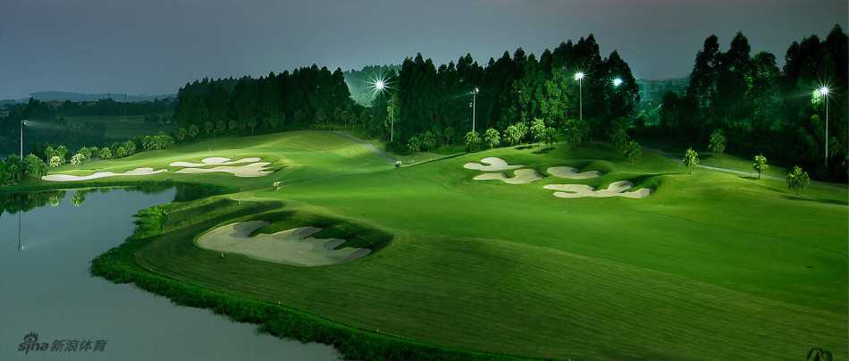 双球道如绿丝绒长廊在晨光中延伸，沙坑如金色装饰镶嵌两侧