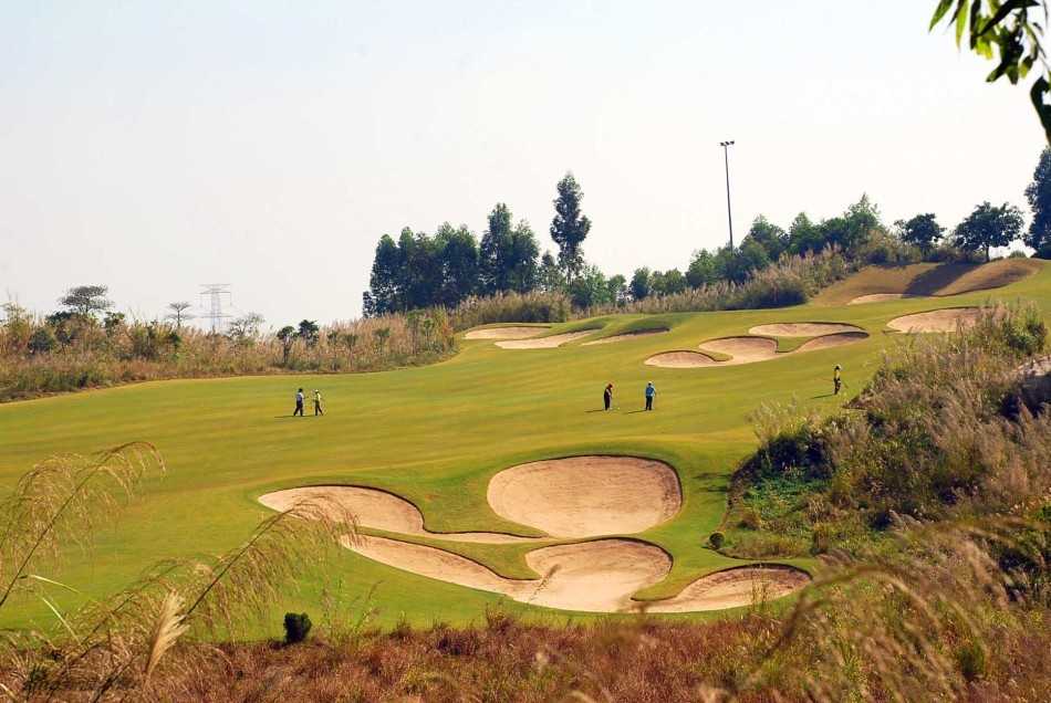 战略球道如绿色迷宫，沙坑群如大地张开的琥珀色眼眸